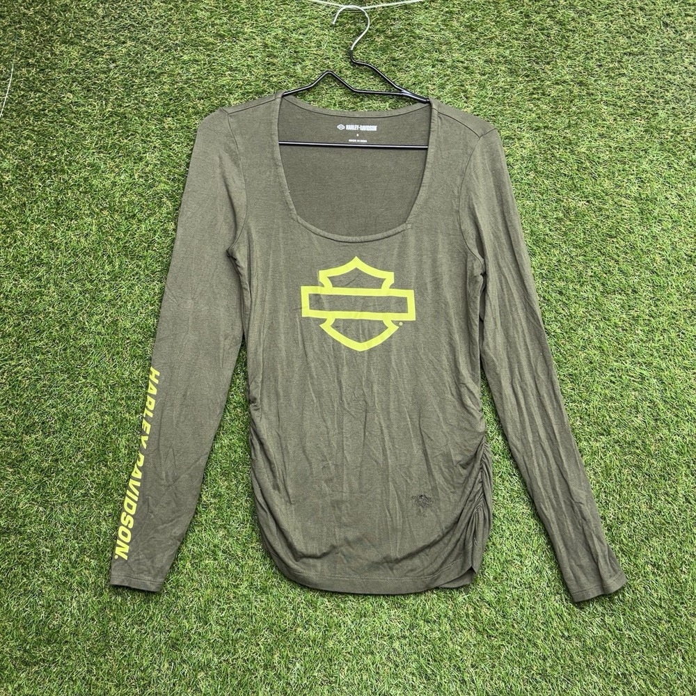 Harley-Davidson Shirt Womens Small Green Long Sleeve Spellout Square Neck y2k